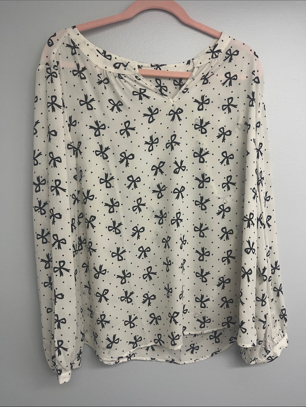 Talbots Cream Blouse with Black Bow Print